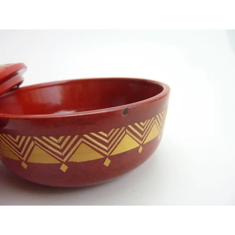Vintage Wood Lacquer Mandala Box Round Indian Trinket Case Red Keepsake Decor